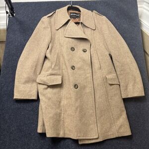 Stratojac Coat Mens 42 Beige Wool Tweed Double Breasted Pea Lined Pockets Warm